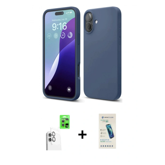 MARSİLYAN™- iPhone 16 Plus Kılıf Ahenk Serisi - Şeffaf Pasifik Cam Ekran Koruyucu + Raze Metal Kamera Lens - BZ