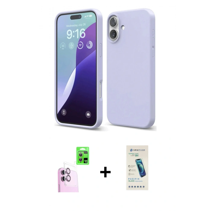 MARSİLYAN™- iPhone 16 Plus Kılıf Ahenk Serisi - Şeffaf Pasifik Cam Ekran Koruyucu + Raze Metal Kamera Lens - PE