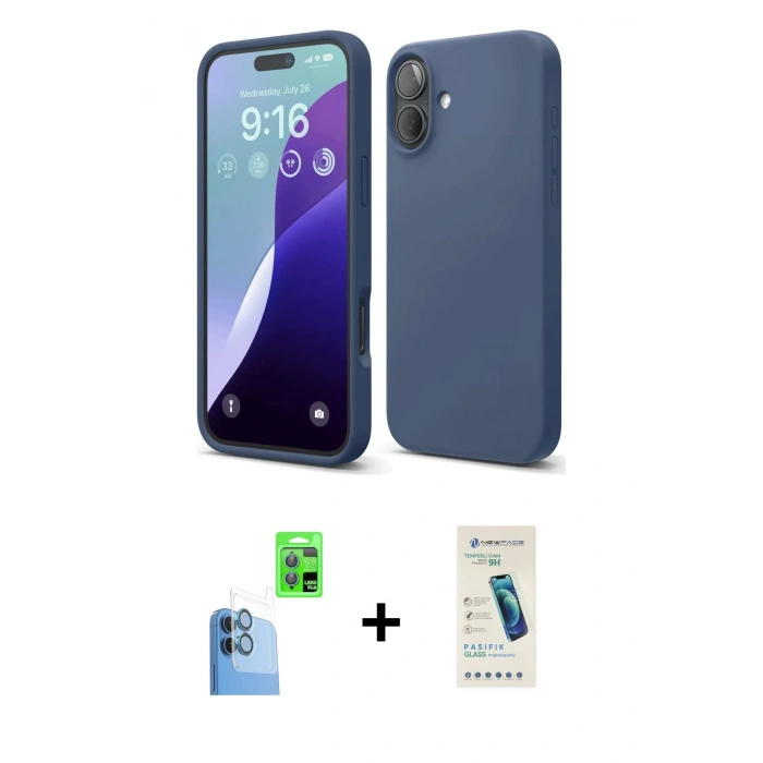 MARSİLYAN™- iPhone 16 Plus Kılıf Ahenk Serisi - Şeffaf Pasifik Cam Ekran Koruyucu + Raze Metal Kamera Lens - LT