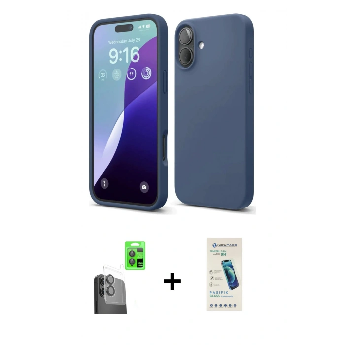 MARSİLYAN™- iPhone 16 Plus Kılıf Ahenk Serisi - Şeffaf Pasifik Cam Ekran Koruyucu + Raze Metal Kamera Lens - SH