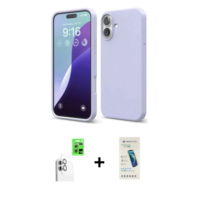 MARSİLYAN™- iPhone 16 Plus Kılıf Ahenk Serisi - Şeffaf Pasifik Cam Ekran Koruyucu + Raze Metal Kamera Lens - BZ