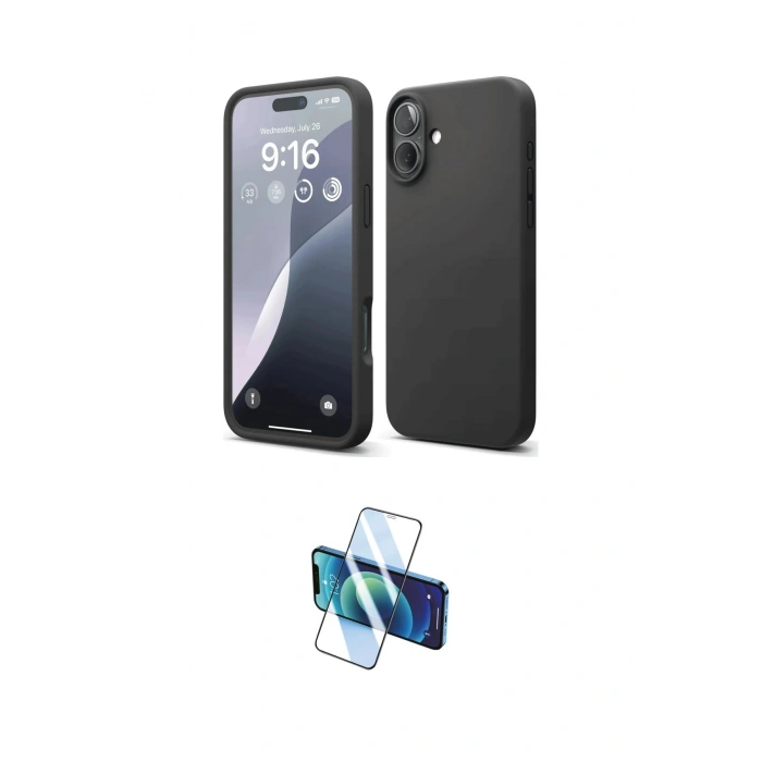 MARSİLYAN™- iPhone 16 Plus Kılıf Ahenk Serisi - Siyah 3D Antistatik Cam Ekran Koruyucu