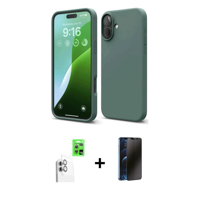 MARSİLYAN™- iPhone 16 Plus Kılıf Ahenk Serisi - Siyah 3D Antistatik Hayalet Cam Ekran Koruyucu + Raze Metal Kamera Lens - BZ