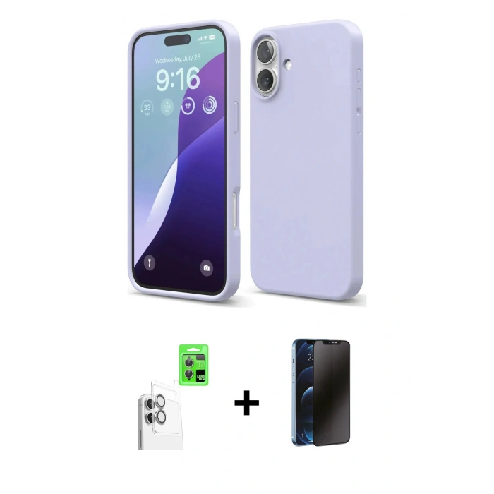 MARSİLYAN™- iPhone 16 Plus Kılıf Ahenk Serisi - Siyah 3D Antistatik Hayalet Cam Ekran Koruyucu + Raze Metal Kamera Lens - BZ