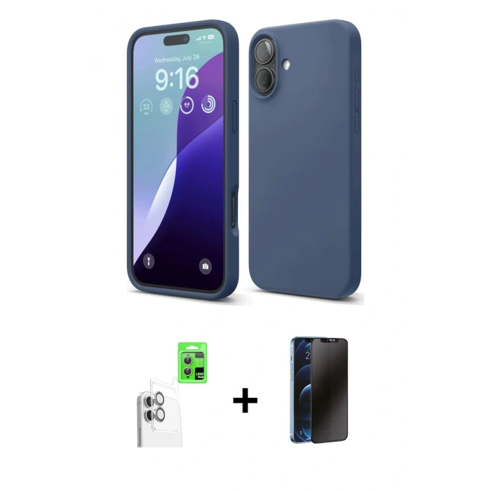 MARSİLYAN™- iPhone 16 Plus Kılıf Ahenk Serisi - Siyah 3D Antistatik Hayalet Cam Ekran Koruyucu + Raze Metal Kamera Lens - BZ