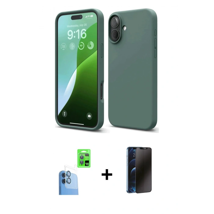 MARSİLYAN™- iPhone 16 Plus Kılıf Ahenk Serisi - Siyah 3D Antistatik Hayalet Cam Ekran Koruyucu + Raze Metal Kamera Lens - LT