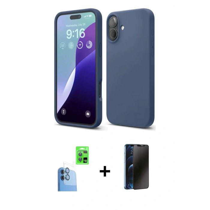 MARSİLYAN™- iPhone 16 Plus Kılıf Ahenk Serisi - Siyah 3D Antistatik Hayalet Cam Ekran Koruyucu + Raze Metal Kamera Lens - LT
