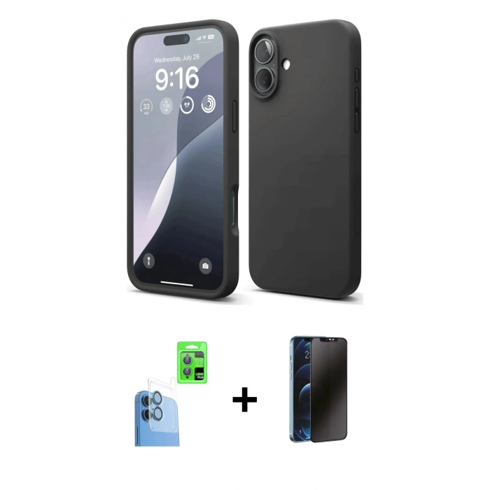 MARSİLYAN™- iPhone 16 Plus Kılıf Ahenk Serisi - Siyah 3D Antistatik Hayalet Cam Ekran Koruyucu + Raze Metal Kamera Lens - LT