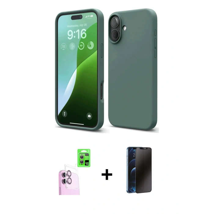 MARSİLYAN™- iPhone 16 Plus Kılıf Ahenk Serisi - Siyah 3D Antistatik Hayalet Cam Ekran Koruyucu + Raze Metal Kamera Lens - PE