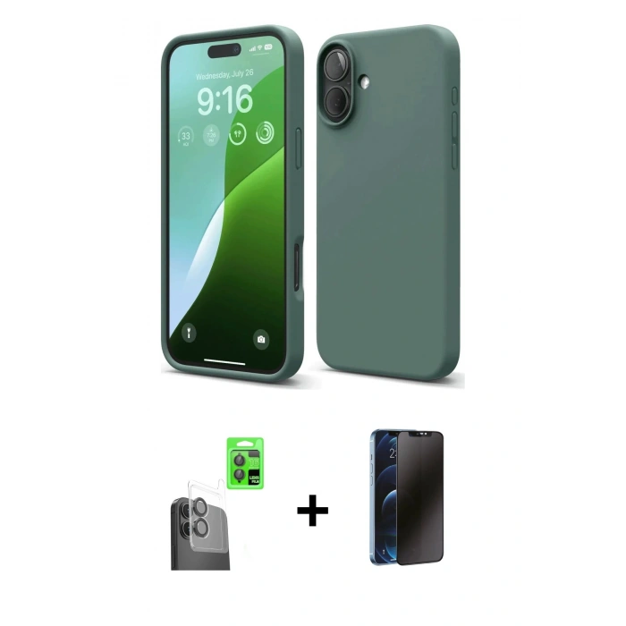 MARSİLYAN™- iPhone 16 Plus Kılıf Ahenk Serisi - Siyah 3D Antistatik Hayalet Cam Ekran Koruyucu + Raze Metal Kamera Lens - SH