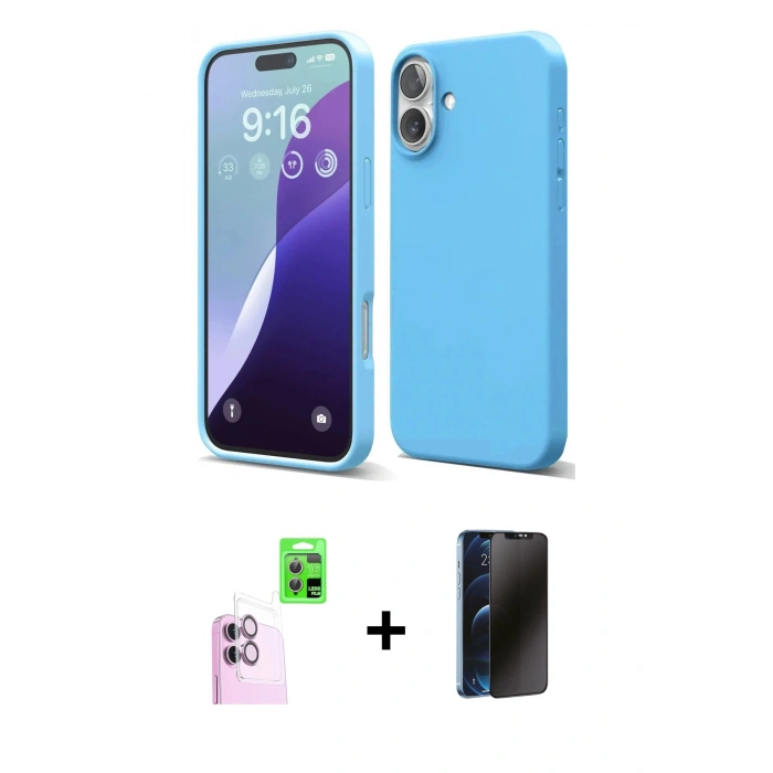 MARSİLYAN™- iPhone 16 Plus Kılıf Ahenk Serisi - Siyah 3D Antistatik Hayalet Cam Ekran Koruyucu + Raze Metal Kamera Lens - PE