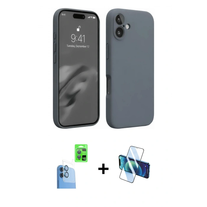 MARSİLYAN™- iPhone 16 Plus Kılıf Ahenk Serisi - Siyah 3D Antistatik Seramik Nano Ekran Koruyucu + Raze Metal Kamera Lens - LT