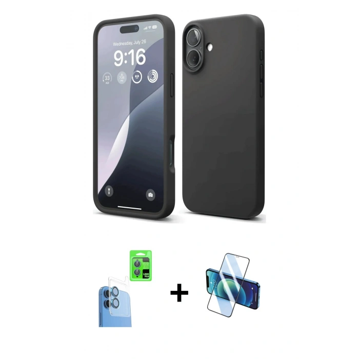 MARSİLYAN™- iPhone 16 Plus Kılıf Ahenk Serisi - Siyah 3D Antistatik Seramik Nano Ekran Koruyucu + Raze Metal Kamera Lens - LT