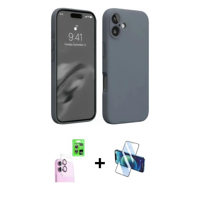 MARSİLYAN™- iPhone 16 Plus Kılıf Ahenk Serisi - Siyah 3D Antistatik Seramik Nano Ekran Koruyucu + Raze Metal Kamera Lens - PE