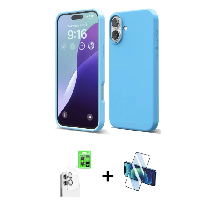 MARSİLYAN™- iPhone 16 Plus Kılıf Ahenk Serisi - Siyah 3D Antistatik Seramik Nano Ekran Koruyucu + Raze Metal Kamera Lens - BZ