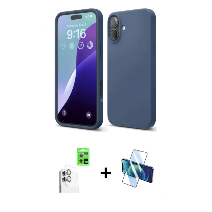 MARSİLYAN™- iPhone 16 Plus Kılıf Ahenk Serisi - Siyah 3D Antistatik Seramik Nano Ekran Koruyucu + Raze Metal Kamera Lens - BZ