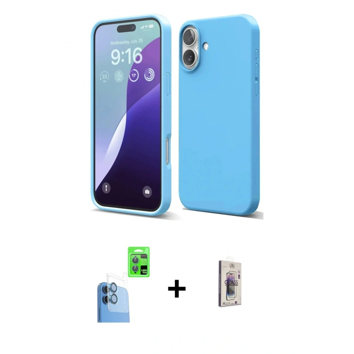 MARSİLYAN™- iPhone 16 Plus Kılıf Ahenk Serisi - Siyah Bilvis 3D Cam Ekran Koruyucu + Raze Metal Kamera Lens - LT