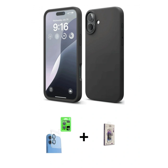 MARSİLYAN™- iPhone 16 Plus Kılıf Ahenk Serisi - Siyah Bilvis 3D Cam Ekran Koruyucu + Raze Metal Kamera Lens - LT