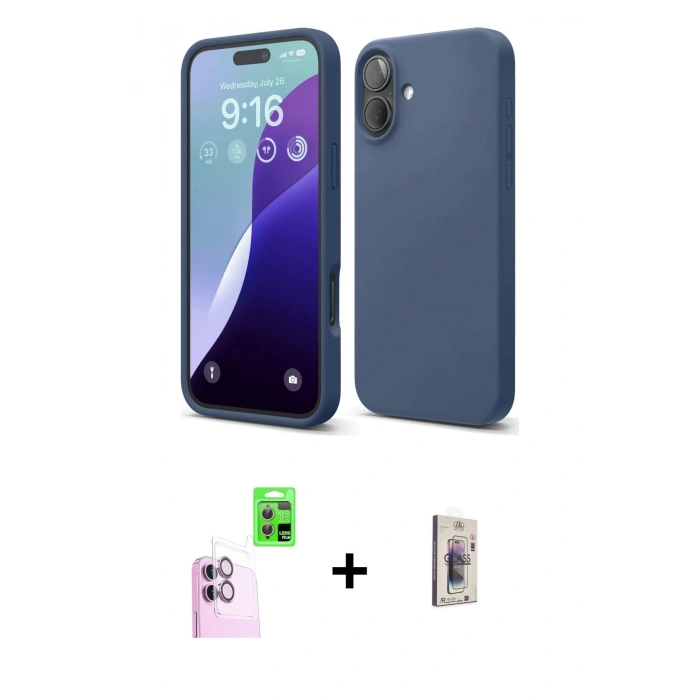 MARSİLYAN™- iPhone 16 Plus Kılıf Ahenk Serisi - Siyah Bilvis 3D Cam Ekran Koruyucu + Raze Metal Kamera Lens - PE