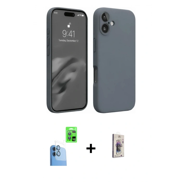 MARSİLYAN™- iPhone 16 Plus Kılıf Ahenk Serisi - Siyah Bilvis 3D Cam Ekran Koruyucu + Raze Metal Kamera Lens - LT