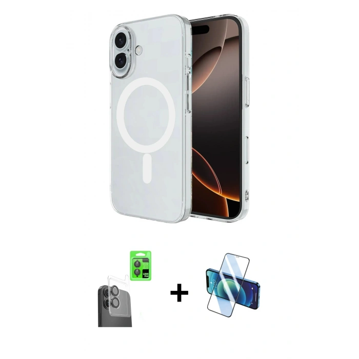 MARSİLYAN™- iPhone 16 Plus Kılıf Ahenk Yansıma Prime - Siyah 3D Antistatik Cam Ekran Koruyucu + Raze Metal Kamera Lens - SH