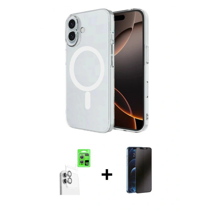 MARSİLYAN™- iPhone 16 Plus Kılıf Ahenk Yansıma Prime - Siyah 3D Antistatik Hayalet Cam Ekran Koruyucu + Raze Metal Kamera Lens - BZ