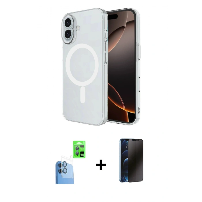 MARSİLYAN™- iPhone 16 Plus Kılıf Ahenk Yansıma Prime - Siyah 3D Antistatik Hayalet Cam Ekran Koruyucu + Raze Metal Kamera Lens - LT