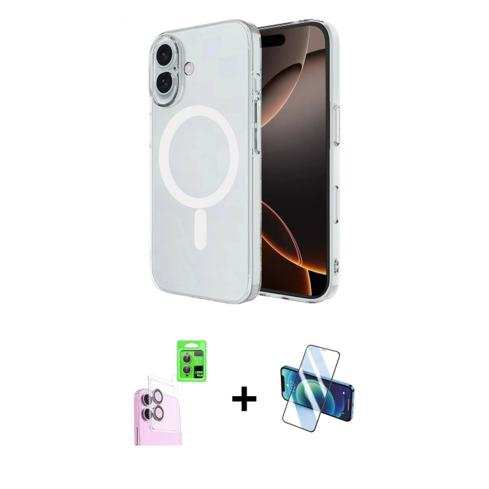 MARSİLYAN™- iPhone 16 Plus Kılıf Ahenk Yansıma Prime - Siyah 3D Antistatik Seramik Nano Ekran Koruyucu + Raze Metal Kamera Lens - PE