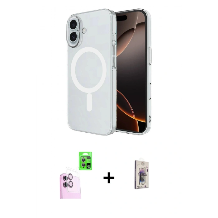MARSİLYAN™- iPhone 16 Plus Kılıf Ahenk Yansıma Prime - Siyah Bilvis 3D Cam Ekran Koruyucu + Raze Metal Kamera Lens - PE