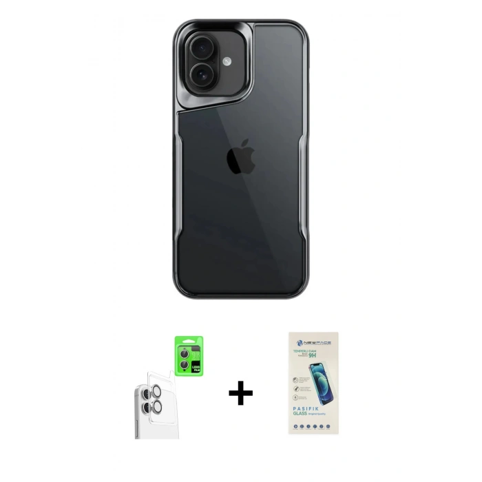 MARSİLYAN™- iPhone 16 Plus Kılıf Akış Çizgi Koleksiyonu - Şeffaf Pasifik Cam Ekran Koruyucu + Raze Metal Kamera Lens - BZ