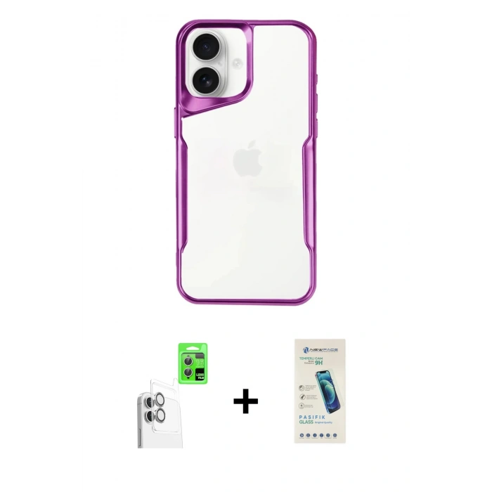 MARSİLYAN™- iPhone 16 Plus Kılıf Akış Çizgi Koleksiyonu - Şeffaf Pasifik Cam Ekran Koruyucu + Raze Metal Kamera Lens - BZ