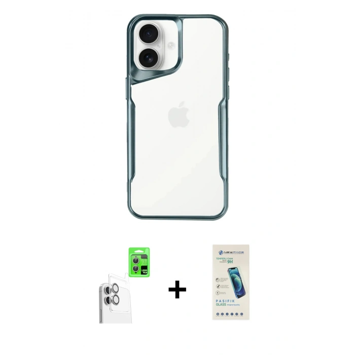 MARSİLYAN™- iPhone 16 Plus Kılıf Akış Çizgi Koleksiyonu - Şeffaf Pasifik Cam Ekran Koruyucu + Raze Metal Kamera Lens - BZ