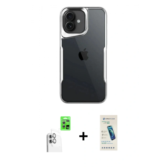 MARSİLYAN™- iPhone 16 Plus Kılıf Akış Çizgi Koleksiyonu - Şeffaf Pasifik Cam Ekran Koruyucu + Raze Metal Kamera Lens - BZ