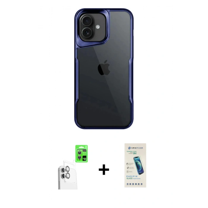 MARSİLYAN™- iPhone 16 Plus Kılıf Akış Çizgi Koleksiyonu - Şeffaf Pasifik Cam Ekran Koruyucu + Raze Metal Kamera Lens - BZ