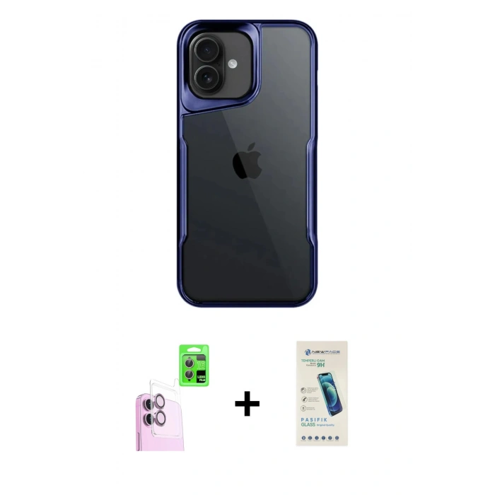 MARSİLYAN™- iPhone 16 Plus Kılıf Akış Çizgi Koleksiyonu - Şeffaf Pasifik Cam Ekran Koruyucu + Pembe Raze Metal Kamera Lens