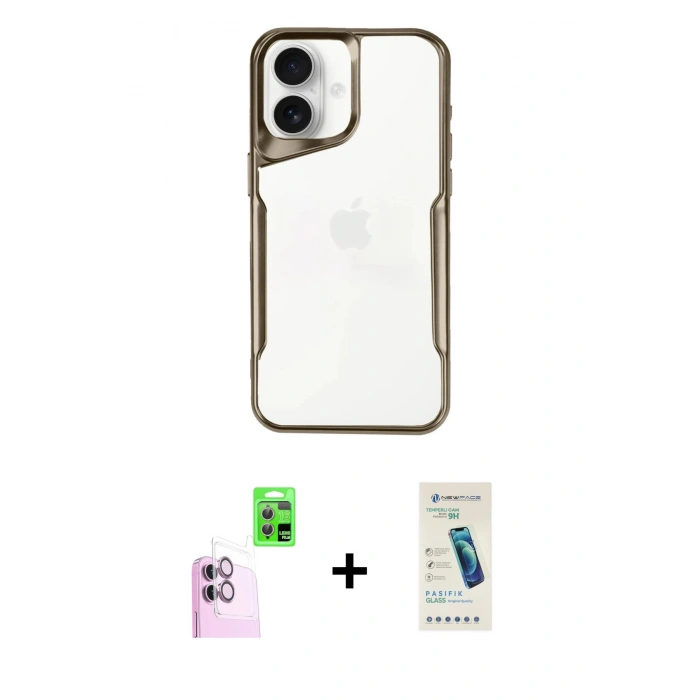 MARSİLYAN™- iPhone 16 Plus Kılıf Akış Çizgi Koleksiyonu - Şeffaf Pasifik Cam Ekran Koruyucu + Pembe Raze Metal Kamera Lens