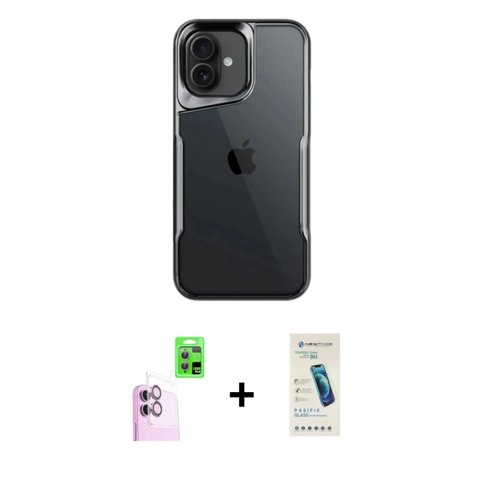 MARSİLYAN™- iPhone 16 Plus Kılıf Akış Çizgi Koleksiyonu - Şeffaf Pasifik Cam Ekran Koruyucu + Pembe Raze Metal Kamera Lens