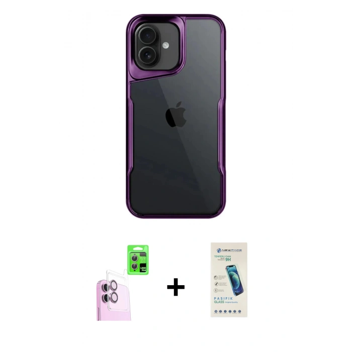 MARSİLYAN™- iPhone 16 Plus Kılıf Akış Çizgi Koleksiyonu - Şeffaf Pasifik Cam Ekran Koruyucu + Pembe Raze Metal Kamera Lens