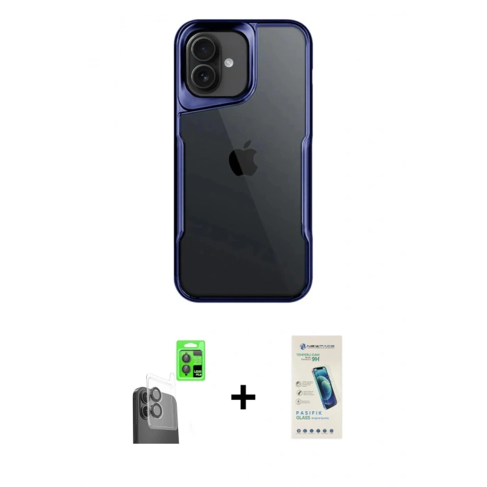 MARSİLYAN™- iPhone 16 Plus Kılıf Akış Çizgi Koleksiyonu - Şeffaf Pasifik Cam Ekran Koruyucu + Raze Metal Kamera Lens - SH