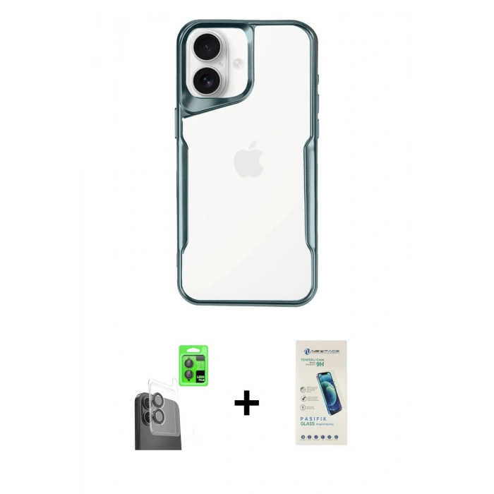 MARSİLYAN™- iPhone 16 Plus Kılıf Akış Çizgi Koleksiyonu - Şeffaf Pasifik Cam Ekran Koruyucu + Raze Metal Kamera Lens - SH