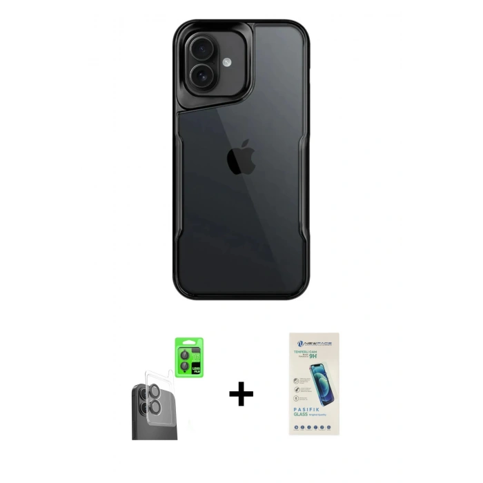 MARSİLYAN™- iPhone 16 Plus Kılıf Akış Çizgi Koleksiyonu - Şeffaf Pasifik Cam Ekran Koruyucu + Raze Metal Kamera Lens - SH