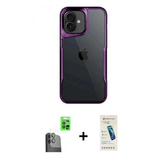 MARSİLYAN™- iPhone 16 Plus Kılıf Akış Çizgi Koleksiyonu - Şeffaf Pasifik Cam Ekran Koruyucu + Raze Metal Kamera Lens - SH