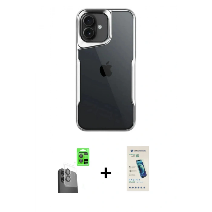 MARSİLYAN™- iPhone 16 Plus Kılıf Akış Çizgi Koleksiyonu - Şeffaf Pasifik Cam Ekran Koruyucu + Raze Metal Kamera Lens - SH