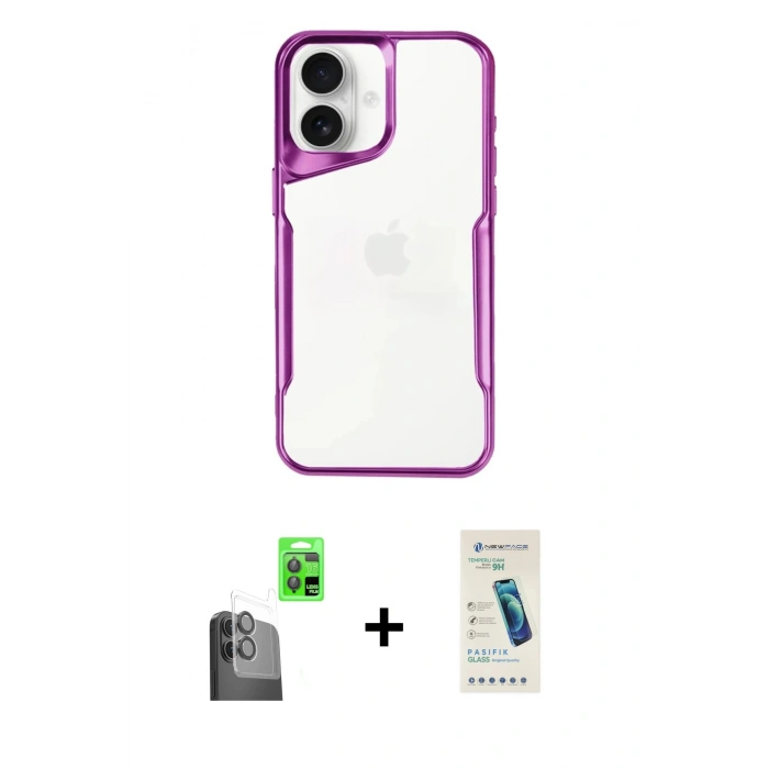 MARSİLYAN™- iPhone 16 Plus Kılıf Akış Çizgi Koleksiyonu - Şeffaf Pasifik Cam Ekran Koruyucu + Raze Metal Kamera Lens - SH
