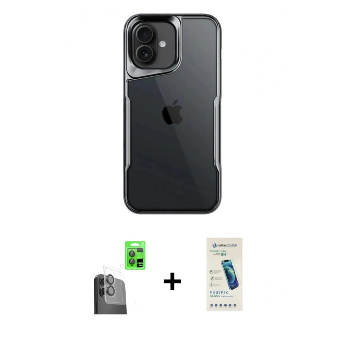 MARSİLYAN™- iPhone 16 Plus Kılıf Akış Çizgi Koleksiyonu - Şeffaf Pasifik Cam Ekran Koruyucu + Raze Metal Kamera Lens - SH