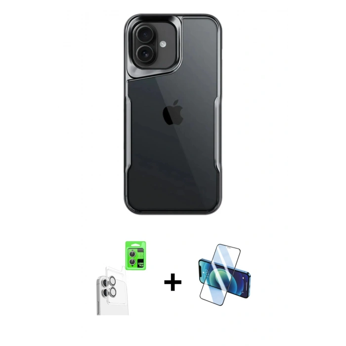 MARSİLYAN™- iPhone 16 Plus Kılıf Akış Çizgi Koleksiyonu - Siyah 3D Antistatik Cam Ekran Koruyucu + Raze Metal Kamera Lens - BZ