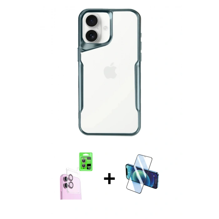 MARSİLYAN™- iPhone 16 Plus Kılıf Akış Çizgi Koleksiyonu - Siyah 3D Antistatik Cam Ekran Koruyucu + Raze Metal Kamera Lens - PE