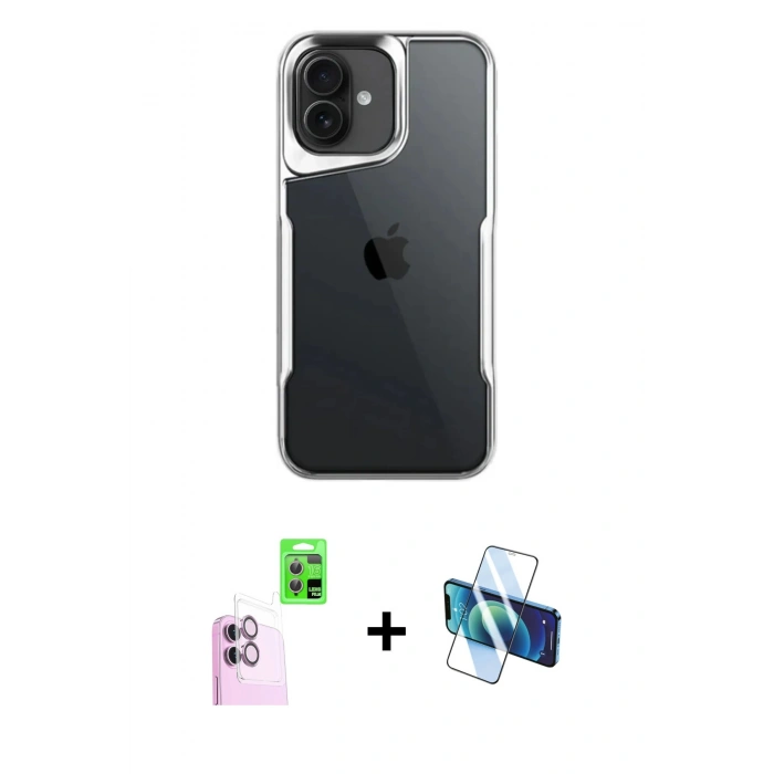 MARSİLYAN™- iPhone 16 Plus Kılıf Akış Çizgi Koleksiyonu - Siyah 3D Antistatik Cam Ekran Koruyucu + Raze Metal Kamera Lens - PE