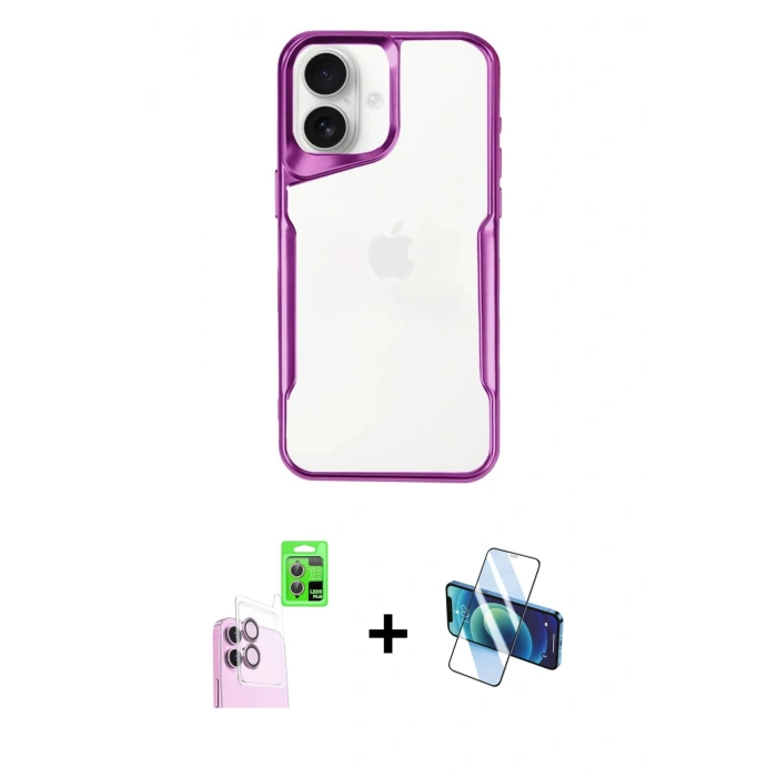 MARSİLYAN™- iPhone 16 Plus Kılıf Akış Çizgi Koleksiyonu - Siyah 3D Antistatik Cam Ekran Koruyucu + Raze Metal Kamera Lens - PE