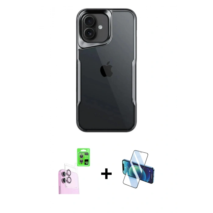 MARSİLYAN™- iPhone 16 Plus Kılıf Akış Çizgi Koleksiyonu - Siyah 3D Antistatik Cam Ekran Koruyucu + Raze Metal Kamera Lens - PE